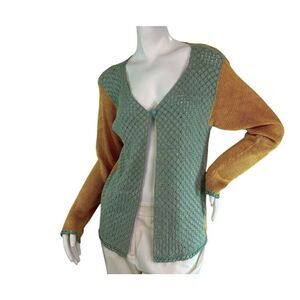 Chapare Crochet Knit Open Silky Cardigan Gold & Blue Handmade Bolivia Size M/L